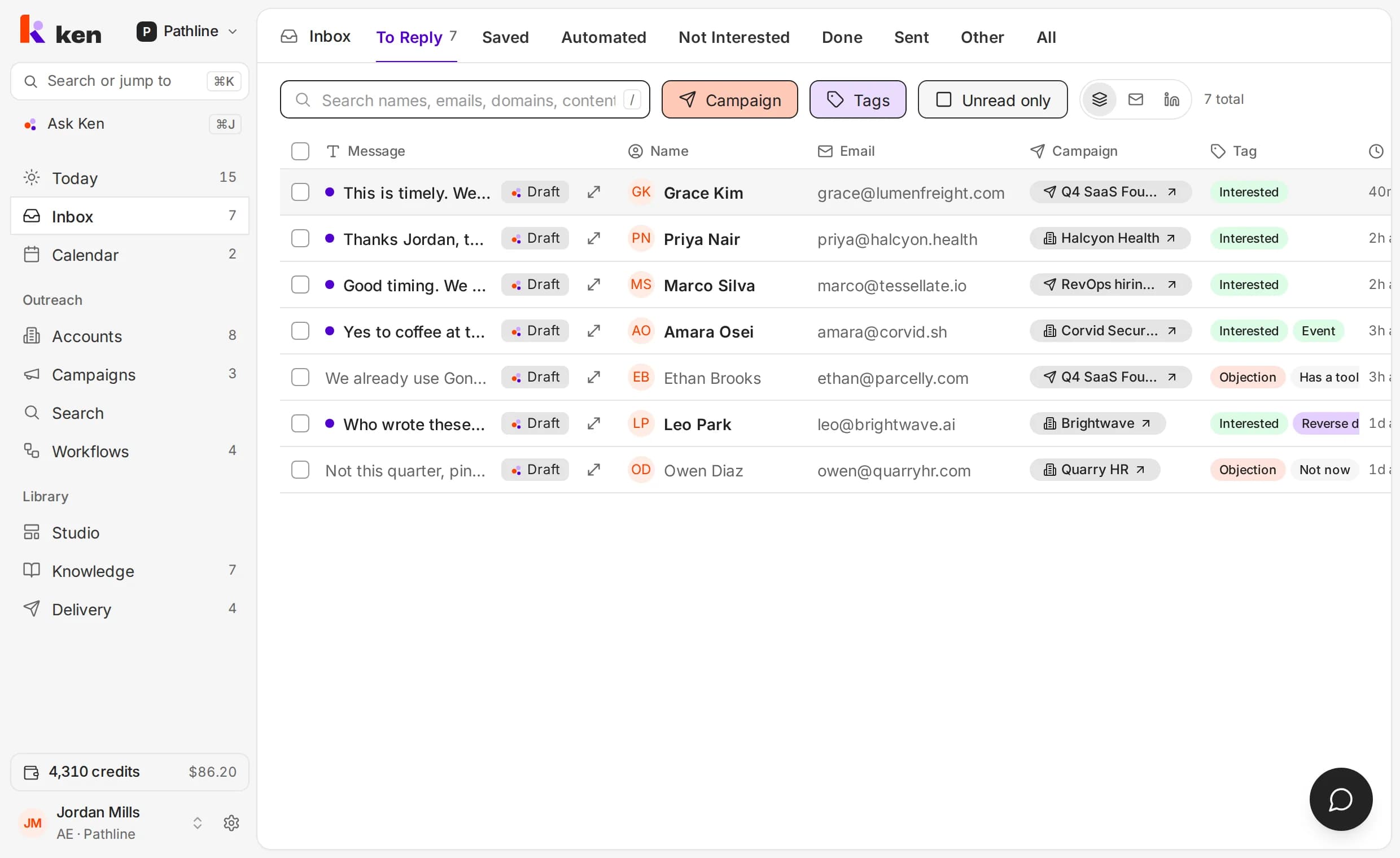 The Ken inbox: every reply sorted by intent, with the account and campaign it belongs to